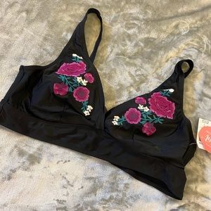 NWT embroidered plunge bikini top